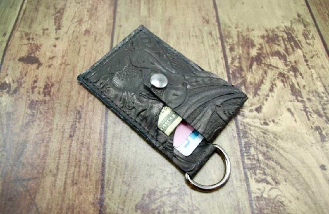 Black floral leather minimalist keychain card wallet