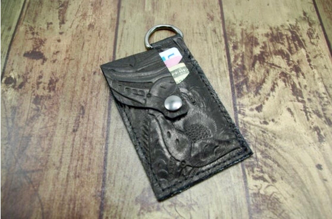 Black floral leather minimalist keychain card wallet