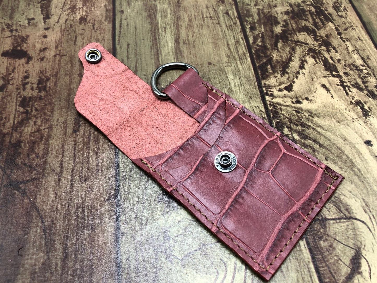 Rusty red leather minimalist keychain card wallet