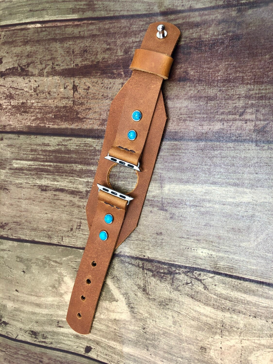 38/40/41mm Apple Watch cuff band | Turquoise Accents | high end leather watch band